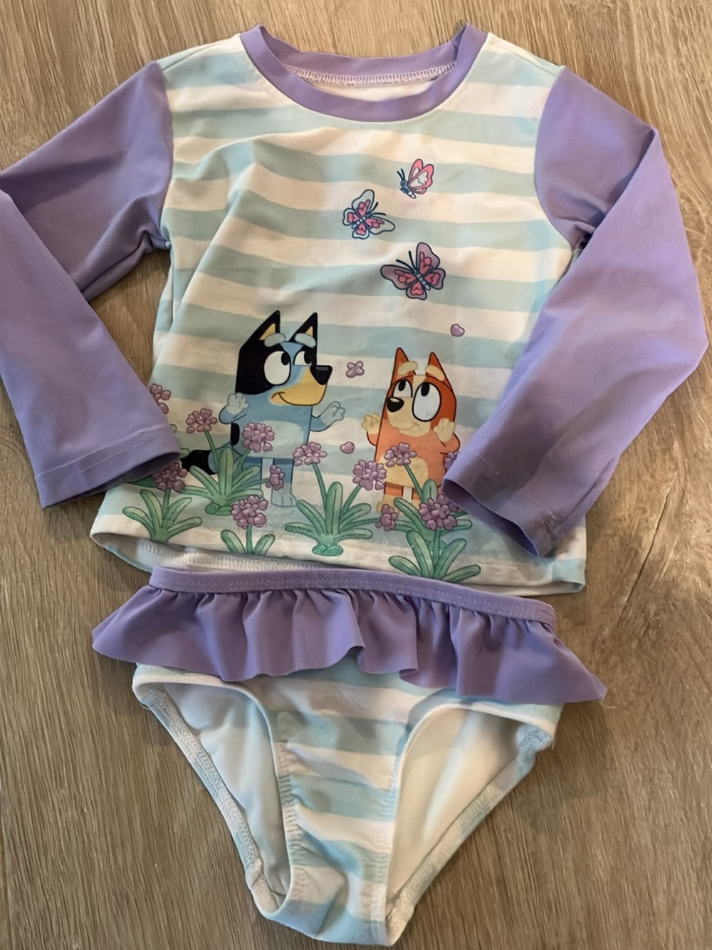 Girls' Lavender & White Striped Long-Sleeve Bikini Set with Ruffle